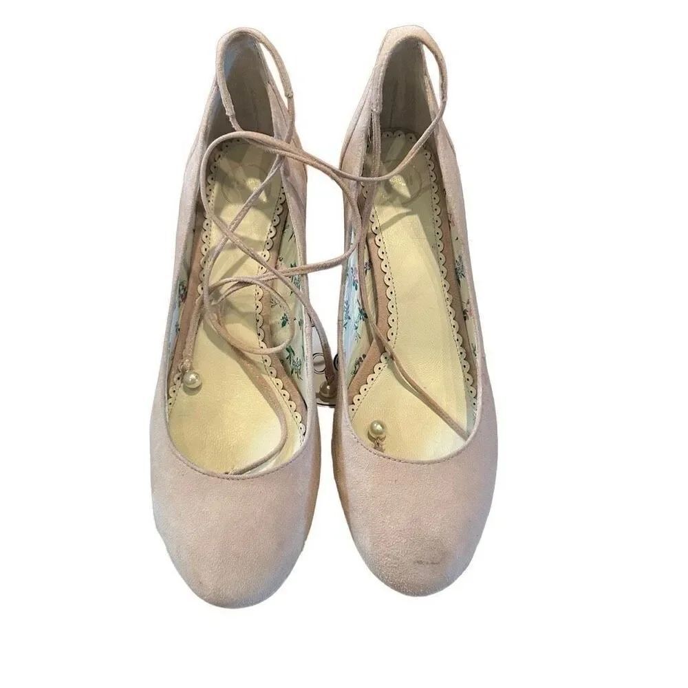 Ashley Leighton Blush Suede ballet ankle tie pumps